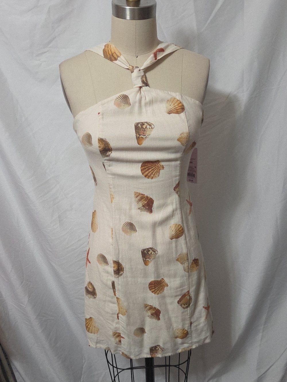 Cream Halter Seashells Print Mini Dress, Fully Lined, Size XXS, New